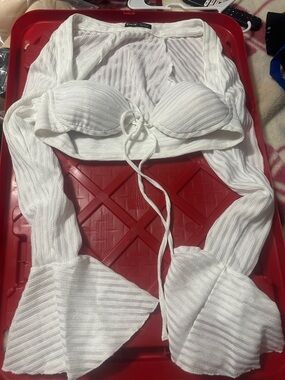 SHEIN White Ribbed Tie-Front Long Sleeve Crop Top